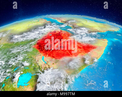 Orbit view of Ethiopia highlighted in red on planet Earth with highly detailed surface textures. 3D illustration. Elements of this image furnished by  Stock Photo