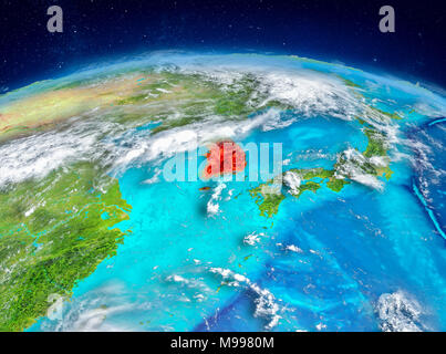 Space orbit view of South Korea highlighted in red on planet Earth with ...