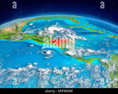 Orbit view of Honduras highlighted in red on planet Earth with highly detailed surface textures. 3D illustration. Elements of this image furnished by  Stock Photo