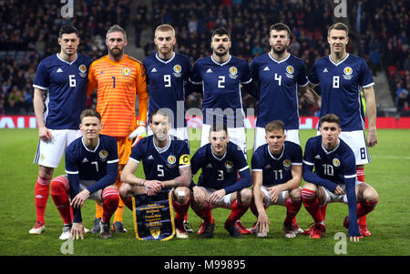 Scotland team group (top row, from left to right) Scott McKenna, goalkeeper Allan McGregor, Oliver McBurnie, Callum Paterson, Grant Hanley and Kevin McDonald (bottom row, from left to right) Scott McTominay, Charlie Mulgrew, Andrew Robertson, Matt Ritchie and Tom Cairney before the international friendly match at Hampden Park, Glasgow. Stock Photo