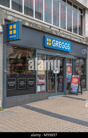 Death of the High Street metaphor / concept - Store front of Greggs retail shop in Plymouth, Devon. They sell a vegan / vegetarian sausage roll - 2019 Stock Photo