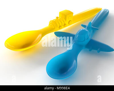 Soft blue and yellow silicone spoons with aircraft and train isolated on the white background 3d rendering. Stock Photo