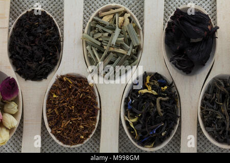 Assortment of different types of tea in a wooden spoon on a background of gray natural fabric Stock Photo