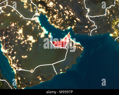 United Arab Emirates highlighted in red from Earth’s orbit at night with visible country borders. 3D illustration. Elements of this image furnished by Stock Photo