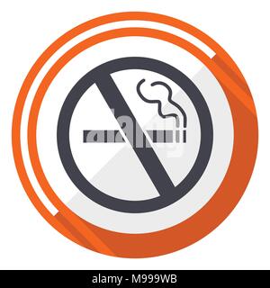 No smoking flat design vector web icon. Round orange internet button isolated on white background. Stock Vector