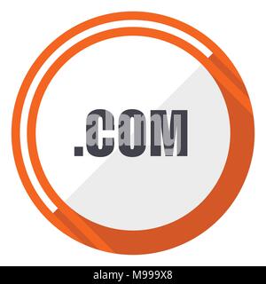 Com flat design vector web icon. Round orange internet button isolated on white background. Stock Vector