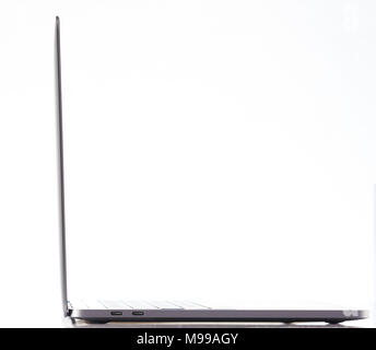 Back view of slim modern laptop isolated on white background Stock Photo