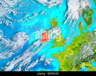 Ireland highlighted in red on model of Earth. 3D illustration isolated ...