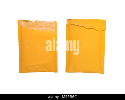Two opened yellow online shopping packing envelopes with bubble wrap inside isolated on white Stock Photo