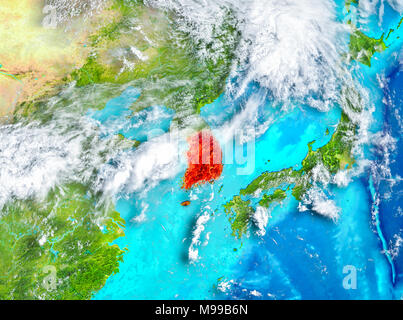 South Korea highlighted in red on detailed model of planet Earth. 3D ...