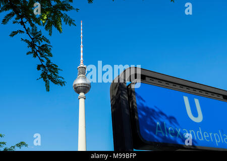 Fernsehturm with Berlin U Bahn Sign at Alexanderplatz Stock Photo