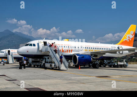 The only international airport of Bhutan is Paro Airport which considered one of the world's most challenging airports. Stock Photo