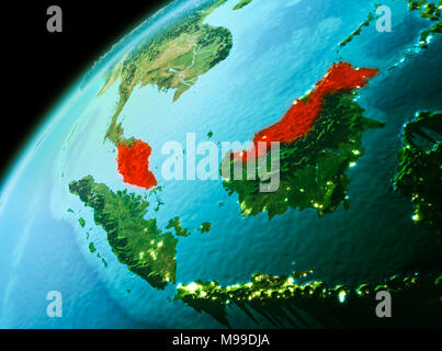 Evening over Malaysia as seen from space on planet Earth. 3D illustration. Elements of this image furnished by NASA. Stock Photo