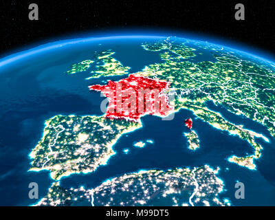 Orbit view of France highlighted in red with visible borderlines and city lights on planet Earth at night. 3D illustration. Elements of this image fur Stock Photo