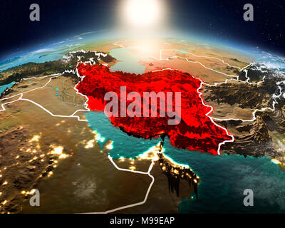 Sunrise above Iran highlighted in red on model of planet Earth in space with visible country borders. 3D illustration. Elements of this image furnishe Stock Photo