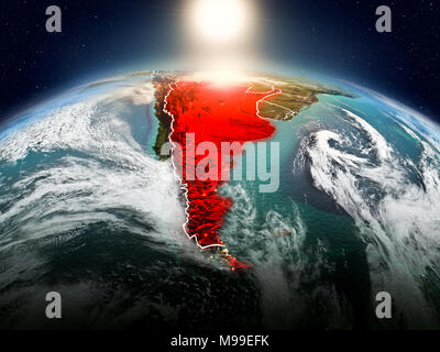 Sunrise above Argentina highlighted in red on model of planet Earth in space with visible country borders. 3D illustration. Elements of this image fur Stock Photo