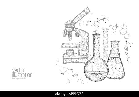 Low poly science chemical glass flasks. Magical equipment microscope zoom lens polygonal triangle white monochrome research future technology business medicine concept vector illustration Stock Vector