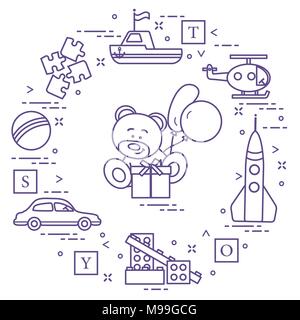 Children's toys: car, bear, ship, helicopter, rocket, designer, ball, puzzle, cubes, gift, balloons. Design for poster or print. Stock Vector