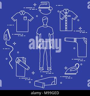 Silhouette of a man, irons and different clothes. Design for banner and print. Stock Vector