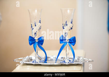 Champagne glasses are beautifully decorated. Two beautiful glasses. Stock Photo