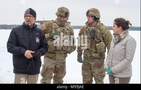 Yavoriv, Ukraine – U.S. Representative Anthony Brown (D-MD) and Rep. Elise Stefanik (R-NY) meets with U.S. Soldiers assigned to the Joint Multinational Training Group –Ukraine during a visit to the Yavoriv Combat Training Center (CTC) here Feb. 23. During the visit Brown and Stefanik observed training conducted at the CTC, ate lunch with Soldiers, and met with key leaders of the JMTG-U. (U.S. Army Stock Photo