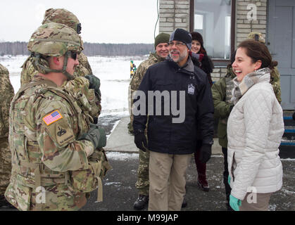 Yavoriv, Ukraine – U.S. Representative Anthony Brown (D-MD) and Rep. Elise Stefanik (R-NY) meets with U.S. Soldiers assigned to the Joint Multinational Training Group –Ukraine during a visit to the Yavoriv Combat Training Center (CTC) here Feb. 23. During the visit Brown and Stefanik observed training conducted at the CTC, ate lunch with Soldiers, and met with key leaders of the JMTG-U. (U.S. Army Stock Photo