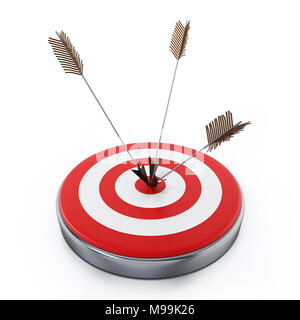 Arrows hit right on target bullseye. 3D illustration. Stock Photo