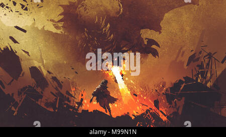 fantasy scene showing the young boy running away from the fire dragon, digital art style, illustration painting Stock Photo