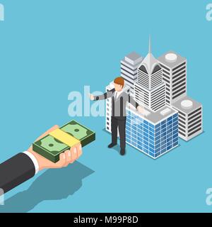 Flat 3d isometric businessman don't sell his business building. Business asset and real estate concept. Stock Vector