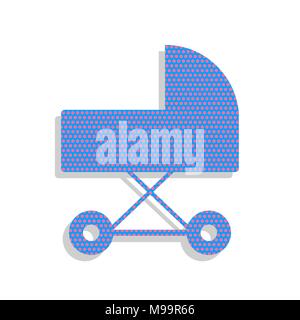 Pram sign illustration. Vector. Neon blue icon with cyclamen polka dots pattern with light gray shadow on white background. Isolated. Stock Vector