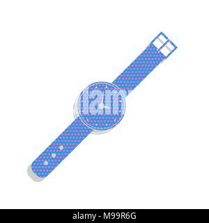 Watch sign illustration. Vector. Neon blue icon with cyclamen polka dots pattern with light gray shadow on white background. Isolated. Stock Vector