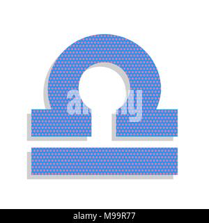 Libra sign illustration. Vector. Neon blue icon with cyclamen polka dots pattern with light gray shadow on white background. Isolated. Stock Vector