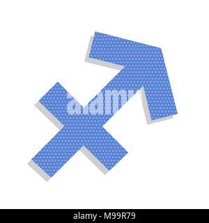 Sagittarius sign illustration. Vector. Neon blue icon with cyclamen polka dots pattern with light gray shadow on white background. Isolated. Stock Vector