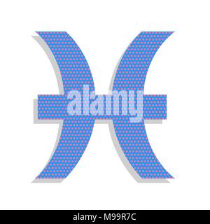 Pisces sign illustration. Vector. Neon blue icon with cyclamen polka dots pattern with light gray shadow on white background. Isolated. Stock Vector