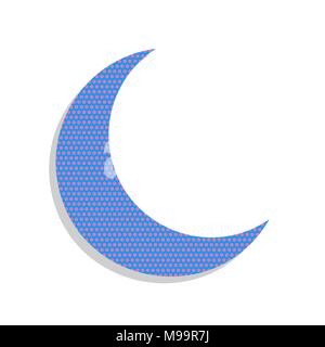 Moon sign illustration. Vector. Neon blue icon with cyclamen polka dots pattern with light gray shadow on white background. Isolated. Stock Vector