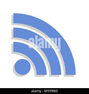 RSS sign illustration. Vector. Neon blue icon with cyclamen polka dots pattern with light gray shadow on white background. Isolated. Stock Vector