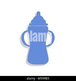 Baby bottle sign. Vector. Neon blue icon with cyclamen polka dots pattern with light gray shadow on white background. Isolated. Stock Vector