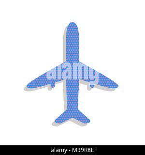 Airplane sign illustration. Vector. Neon blue icon with cyclamen polka dots pattern with light gray shadow on white background. Isolated. Stock Vector