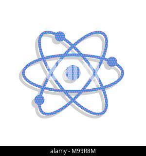 Atom sign illustration. Vector. Neon blue icon with cyclamen polka dots pattern with light gray shadow on white background. Isolated. Stock Vector