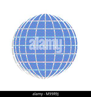 Earth Globe sign. Vector. Neon blue icon with cyclamen polka dots pattern with light gray shadow on white background. Isolated. Stock Vector