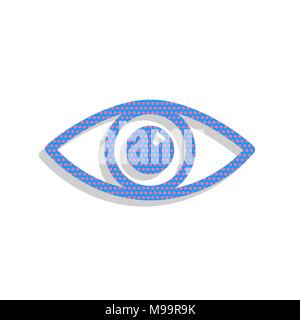 Eye sign illustration. Vector. Neon blue icon with cyclamen polka dots pattern with light gray shadow on white background. Isolated. Stock Vector