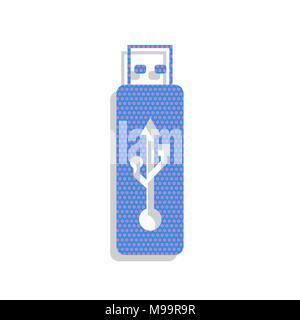 USB flash drive sign. Vector. Neon blue icon with cyclamen polka dots pattern with light gray shadow on white background. Isolated. Stock Vector