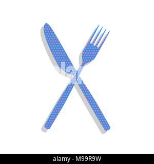 Fork and Knife sign. Vector. Neon blue icon with cyclamen polka dots pattern with light gray shadow on white background. Isolated. Stock Vector