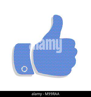 Hand sign illustration. Vector. Neon blue icon with cyclamen polka dots pattern with light gray shadow on white background. Isolated. Stock Vector