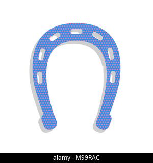 Horseshoe sign illustration. Vector. Neon blue icon with cyclamen polka dots pattern with light gray shadow on white background. Isolated. Stock Vector