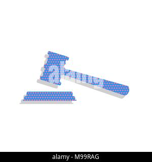 Justice hammer sign. Vector. Neon blue icon with cyclamen polka dots pattern with light gray shadow on white background. Isolated. Stock Vector