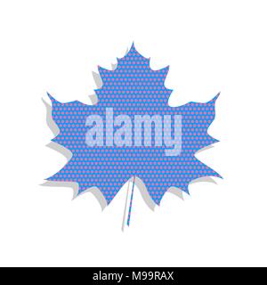 Maple leaf sign. Vector. Neon blue icon with cyclamen polka dots pattern with light gray shadow on white background. Isolated. Stock Vector