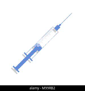Syringe sign illustration. Vector. Neon blue icon with cyclamen polka dots pattern with light gray shadow on white background. Isolated. Stock Vector