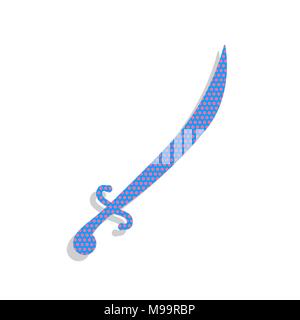 Sword sign illustration. Vector. Neon blue icon with cyclamen polka dots pattern with light gray shadow on white background. Isolated. Stock Vector