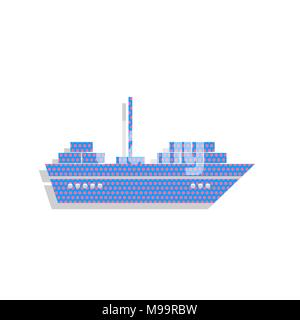 Ship sign illustration. Vector. Neon blue icon with cyclamen polka dots pattern with light gray shadow on white background. Isolated. Stock Vector